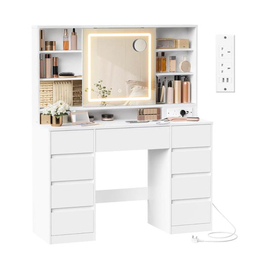 Dressing Table with LED Mirror & Power Outlets, Vanity Desk with 9 Drawers & Jewellery Storage for Bedroom